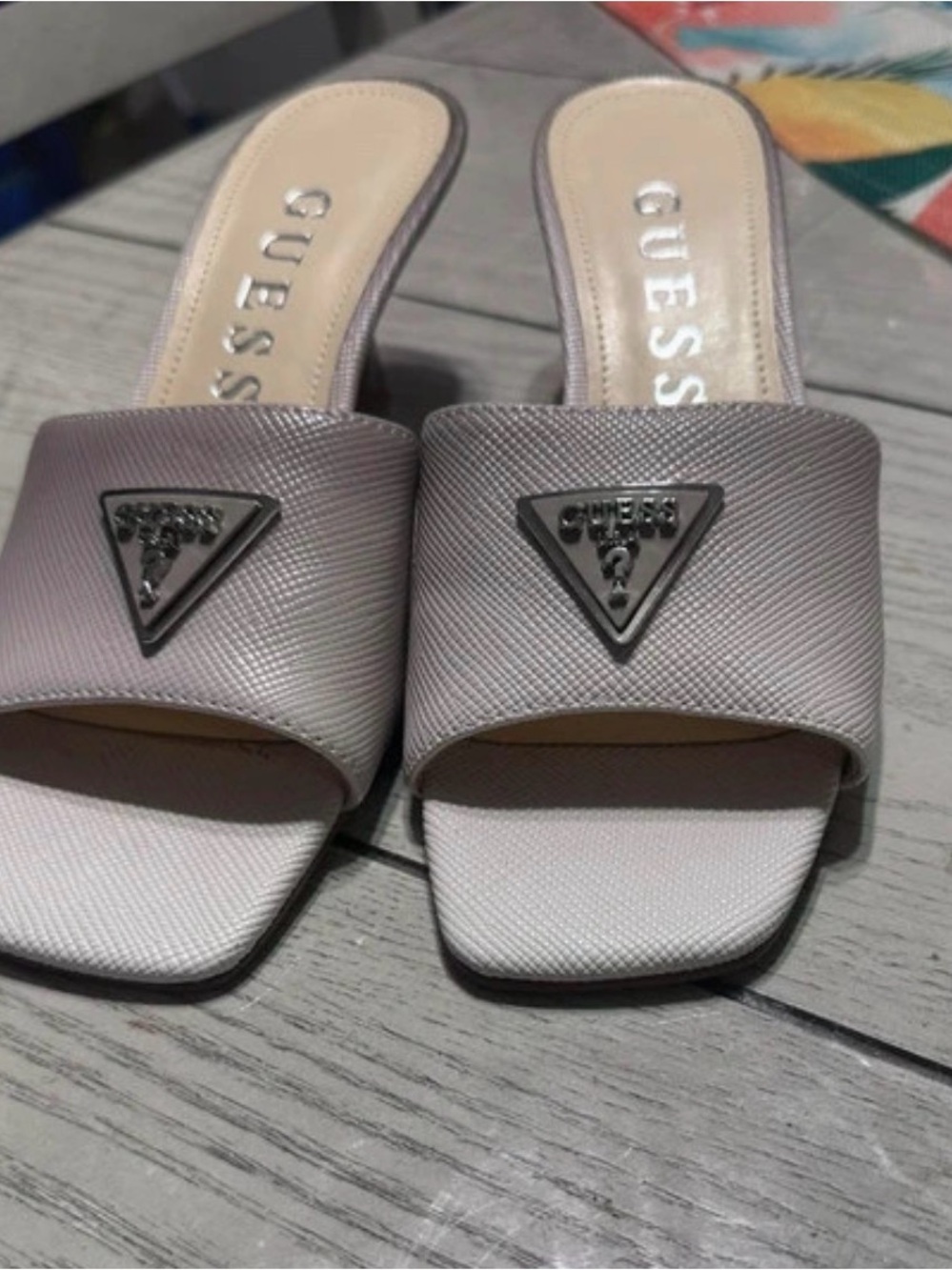 GUESS Pale Silver Slide Mules with Triangle Logo